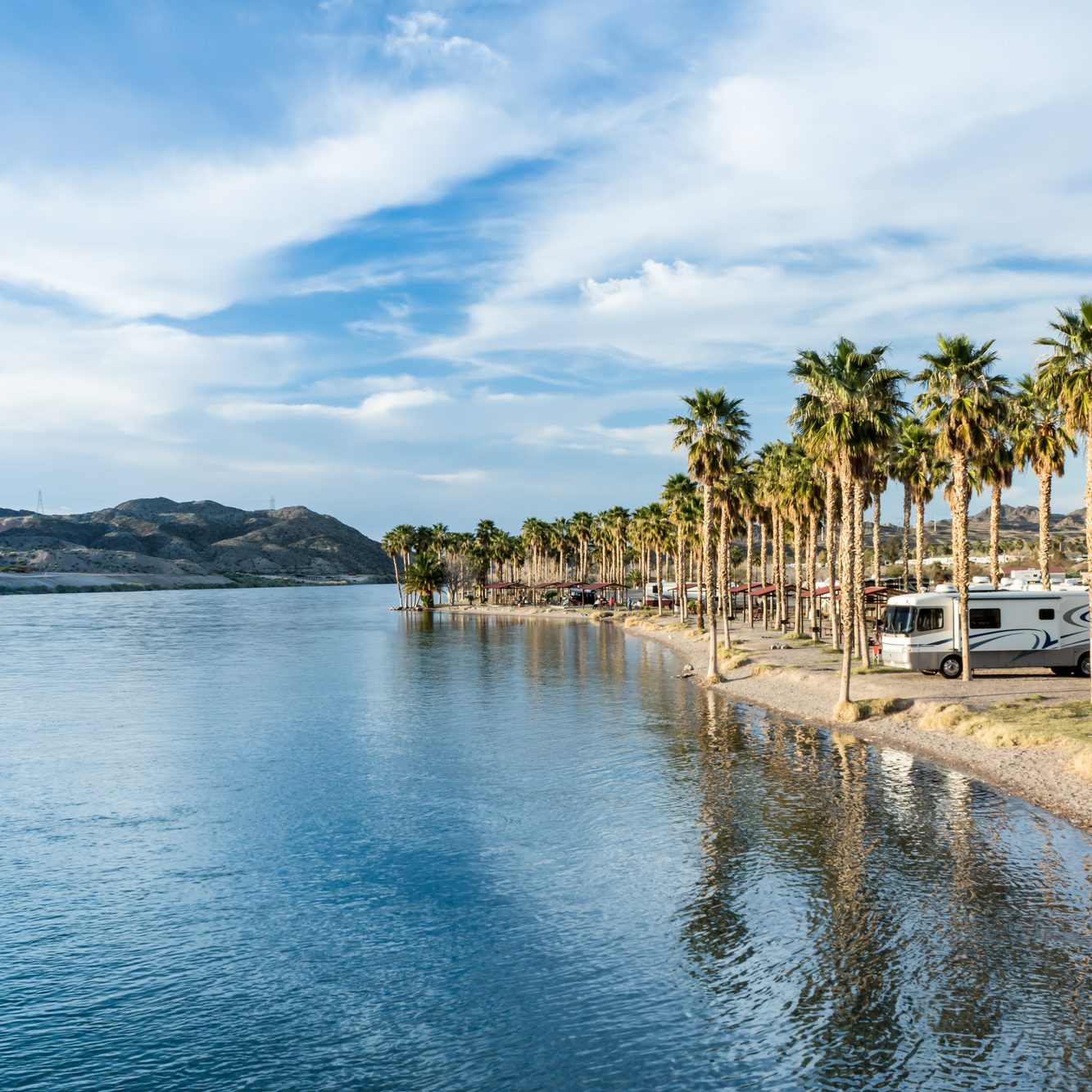 An RV campground on the shore of the Colorado River in Laughlin, Nevada, with sunshine and palm trees in winter.